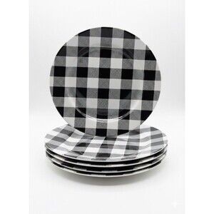 4 Robert Stanley Buffalo Plaid 8” Dinner Plates Black White Farmhouse 2020